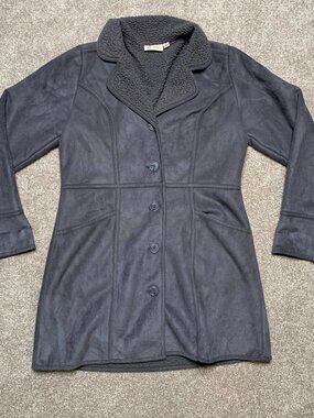 D & Co Jacket Womens Medium Gray Faux Suede Sherpa Lined Button Up Coat XS